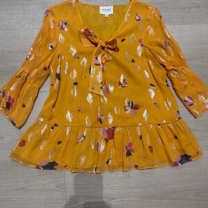 SEZANE Silk Yellow And Metallic Flowy‎ Blouse Size 36